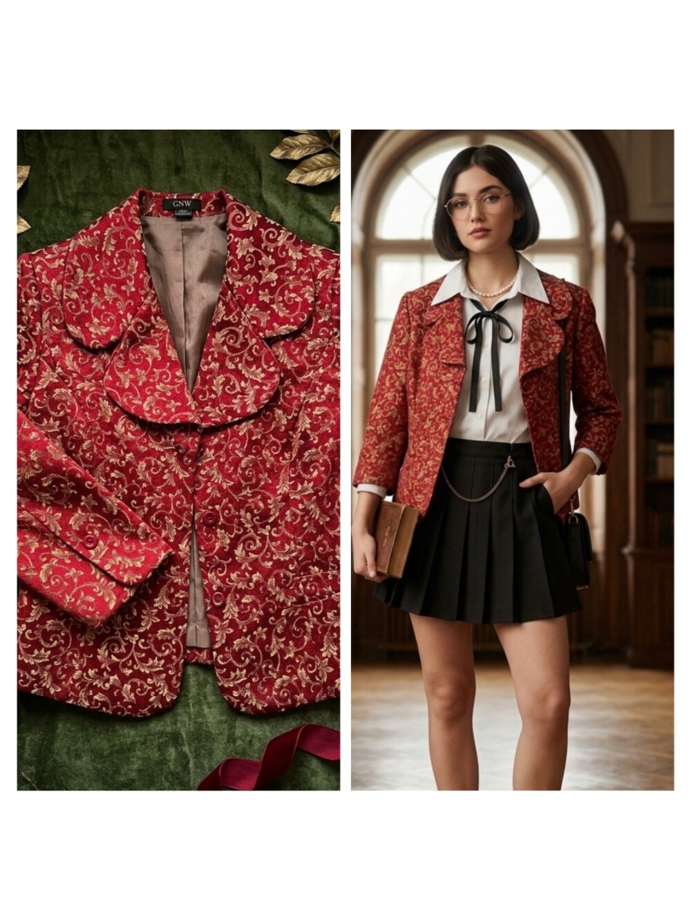 Vintage GNW Red & Gold Floral Brocade Blazer Jacket Size M